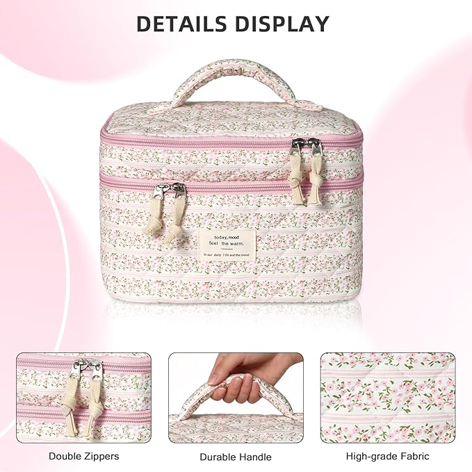 Gosect Makeup Bag, Portable Travel Make up Bag, Large Capacity Quilted Cosmetic Organizer Bag, Cute Floral Toiletry Bag for Women Girls (Pink Flower)