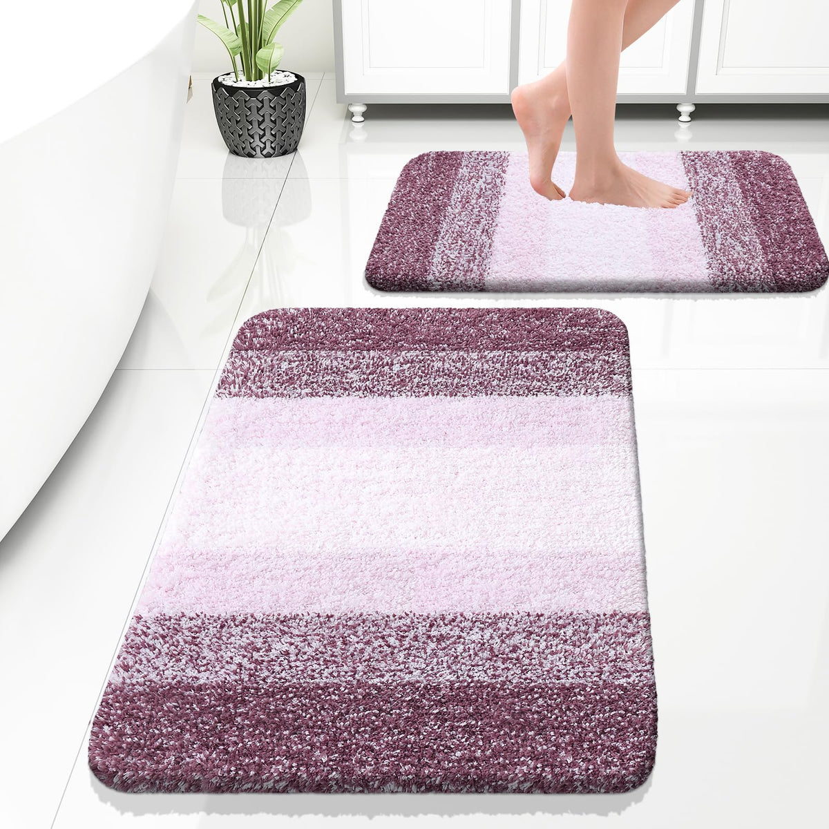 OLANLY Micorfiber Bathroom Rug Set 2 Piece, Soft Bath Mats, Olive Green
