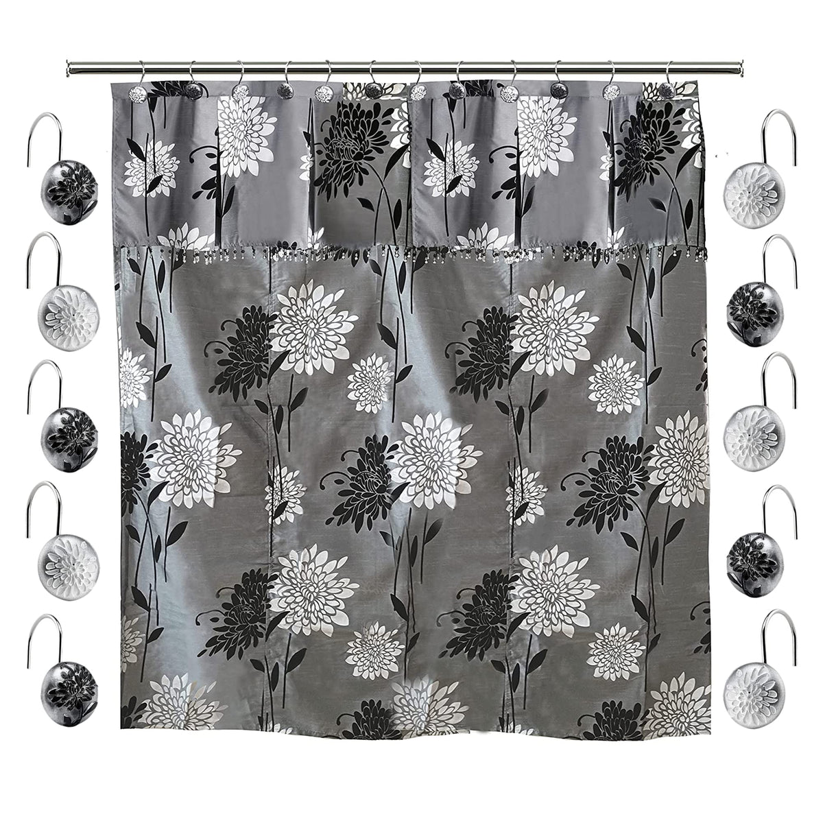 Zahari Home 13pc Rose Vine Bathroom Sheer Shower Curtain Sets Sheer Shower Curtain & 12 Shower Bathroom Hooks Modern Classic Luxury Contemporary Decor Beige Shower Curtain Set