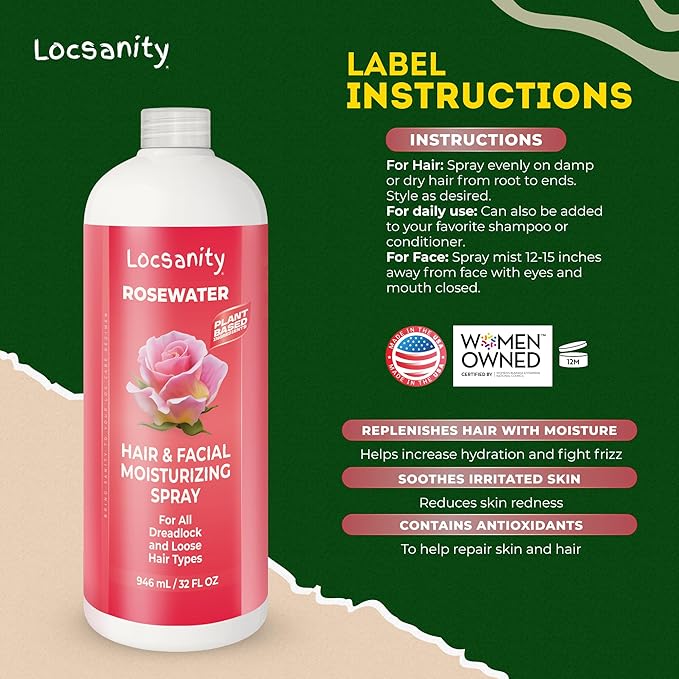 Locsanity Pure Rosewater Hair and Facial Spray – Jumbo Size Hydrating Face Mist to Soothe, Refresh, and Rejuvenate Skin, Reduce Oil and Buildup (32oz)