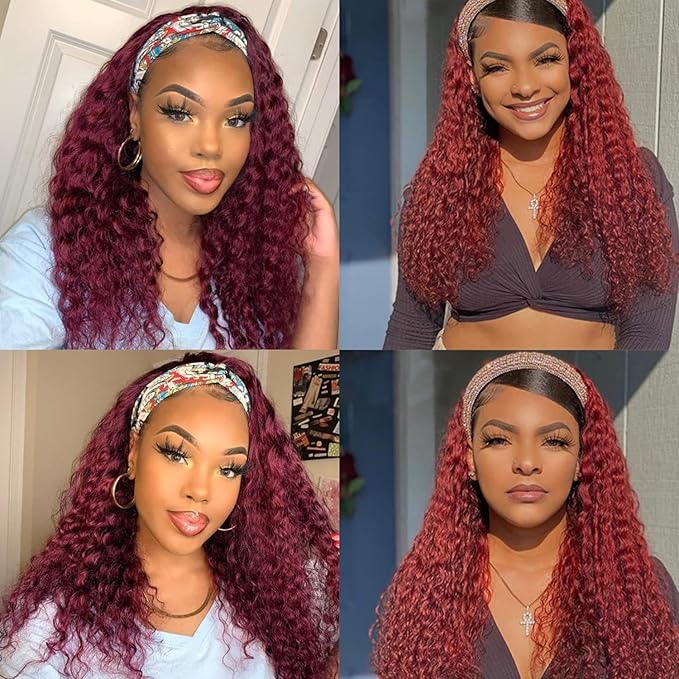 Aiterina Headband Wig deep wave human hair wigs for Black Women Brazilian Remy Hair Glueless Non Lace Front Wig 150% Density (8 inch, 99J)