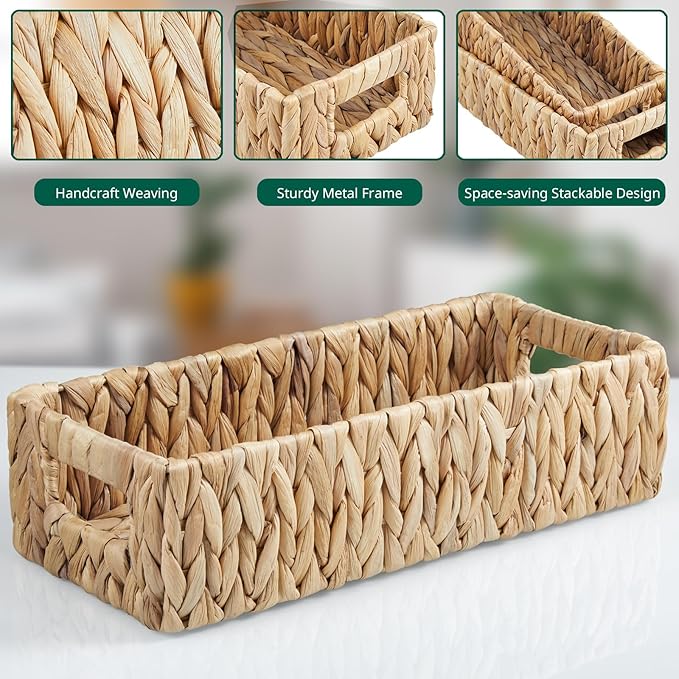 dreamkey Toilet Basket Tank Topper, Set of 2 Water Hyacinth Wicker Bathroom Storage Baskets, Back of Toilet Organizer for Toilet Paper, Towels, Toiletries, Hand Woven Nesting Baskets with Handles