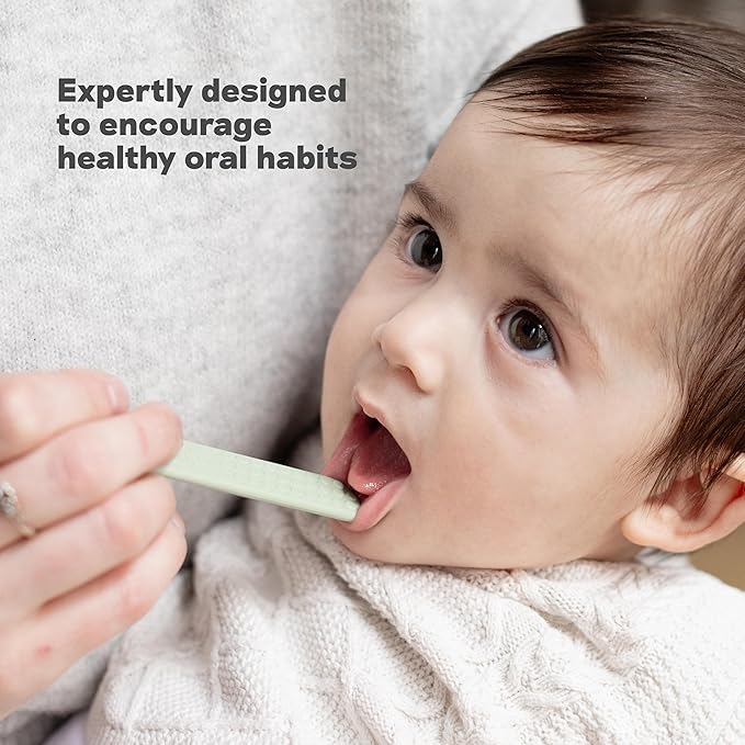 ezpz Baby-Led Toothbrush + Tongue Depressor Dual Pack (Pewter) - 100% Silicone Toothbrush + Silicone/Stainless Steel Tongue Depressor - Helps Set-up Infants for a Healthy Oral Care Routine