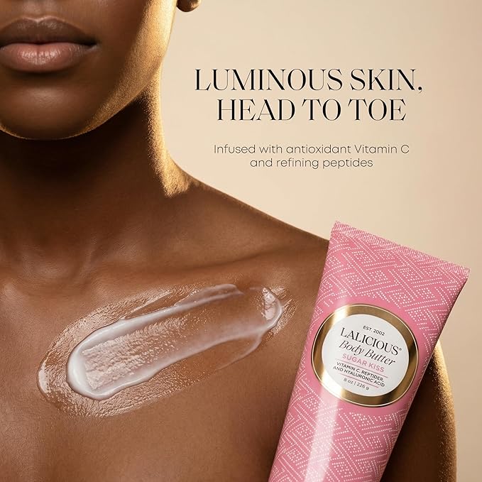 LALICIOUS Sugar Kiss® Whipped Body Butter 8oz | Ultra-Hydrating Shea Butter Body Cream with Hyaluronic Acid, Vitamin C & Peptides | Deep Moisturizing Lotion for Dry Skin | Non-Greasy, Fast-Absorbing