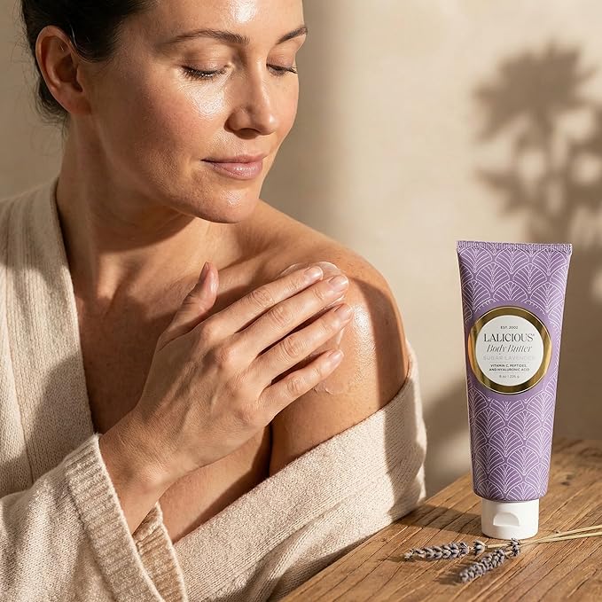 LALICIOUS Sugar Lavender Whipped Body Butter 8oz | Ultra-Hydrating Shea Butter Body Cream with Hyaluronic Acid, Vitamin C & Peptides | Deep Moisturizing Lotion for Dry Skin | Calming Lavender Scent