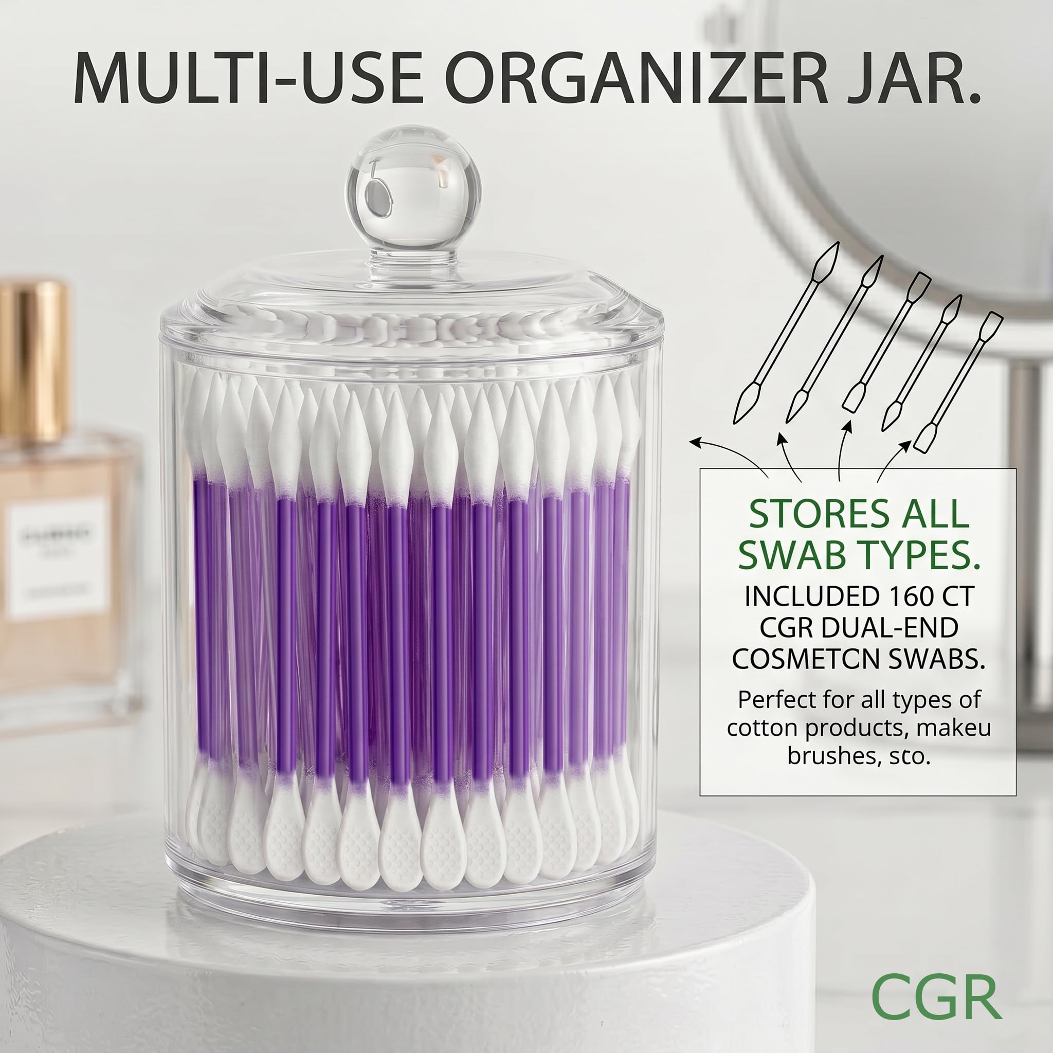 760pcs CGR Precision Cotton Swabs packed in Acrylic swab canister with Pointed and Flattened Tip, Cosmetic Makeup Applicator(160pcs in canister, 2x300pcs in bags) (760)