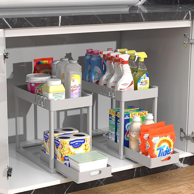 POUGNY 2PC Under Sink Organizer Rack 2 Tier Under Sliding Cabinet Basket Organizer Drawer with 4 Hooks, Multi-purpose Under Sink Storage for Bathroom Kitchen Desktop（Grey）