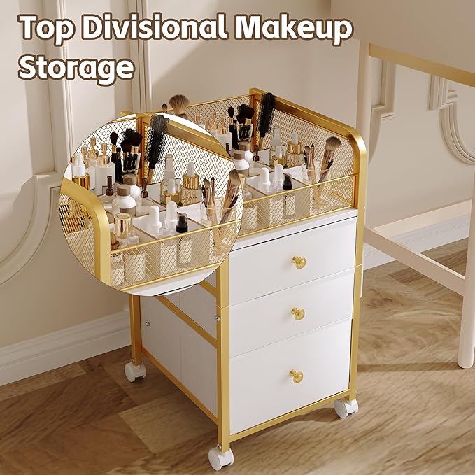 ZQUYAJ Rolling Makeup Organizer Cart with 3 Drawers Under Desk Storage