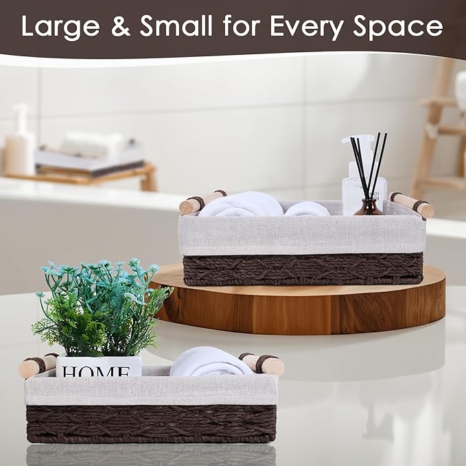 Wicker Storage Basket with Wooden Handle – Paper Rope Decorative Toilet Paper Baskets & Bathroom Organizer for Toilet Tank Top, Shelves, Bedroom, Countertop,Home,Office Storage Bins, 2 Pack,Brown
