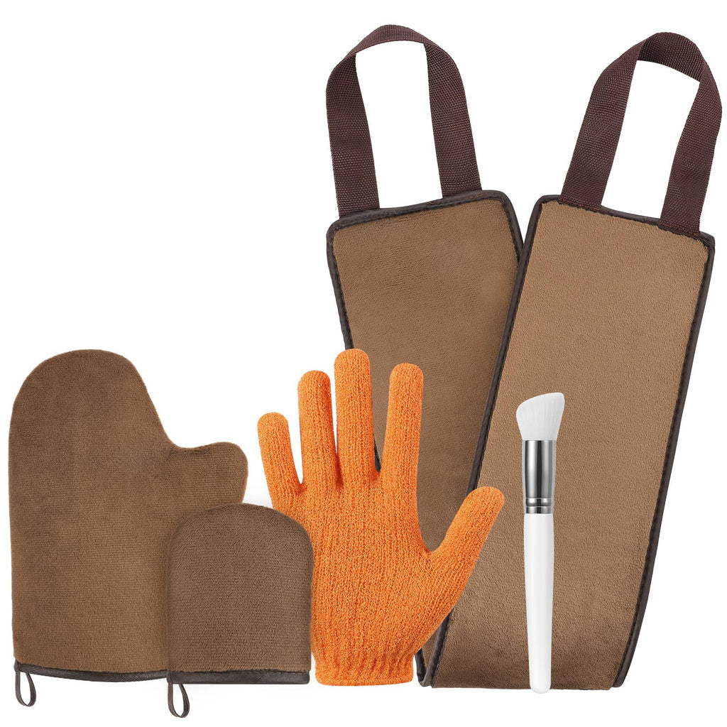 Luxspire 5 Piece Self Tanning Mitt Applicator Kit, Soft Tanner Mitt Set with Exfoliating Glove, Back Lotion Applicator, Face Makeup Brush, Mini Finger Face Self Tanner Mitt for Lotions, Mousses,Creams