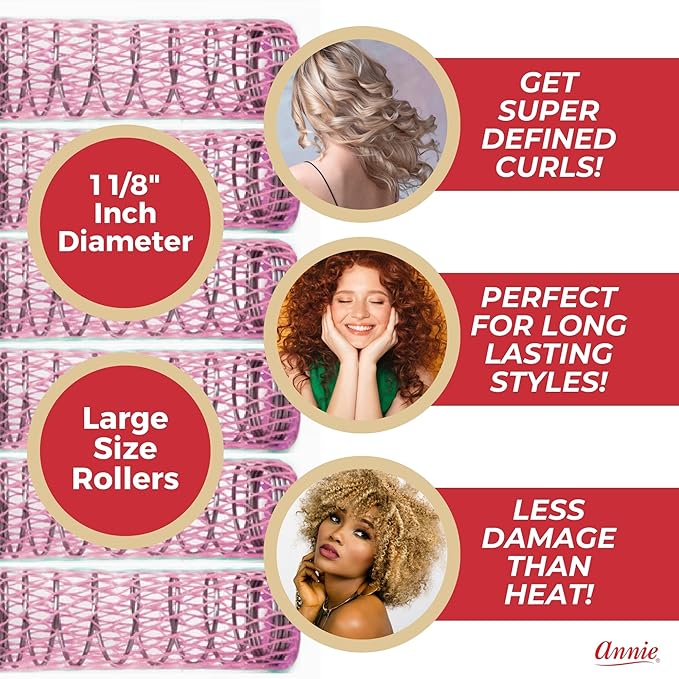 Annie Wire Mesh Rollers – Large 1 1/2 Inch Hair Curlers for Tight Curls & Ringlets, Heatless Styling Tools for Short to Long Hair – 12 Count (Pink)