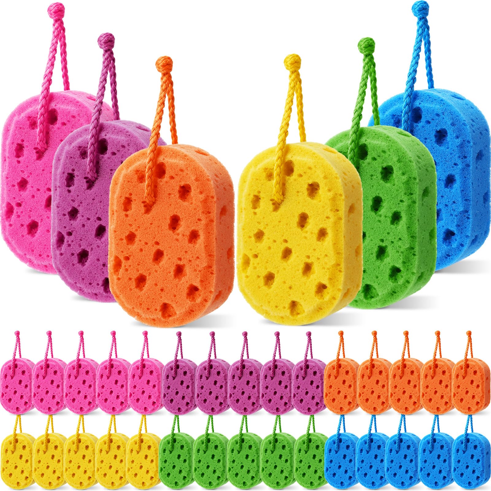 FoldTier 36 Pcs Exfoliating Bath Sponge Body Loofah Sponges for Shower Women Reusable Soft Bathing Pouf Foam Lufa Body Scrubber and Rich Lather, Color Matching (Bright Color)