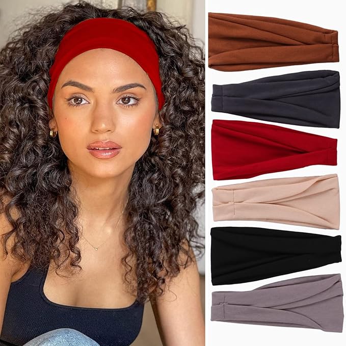 XTREND 6 Pcs Headbands for Women, Twisted Cross Elastic Head Bands Yoga Workout Non-Slip Sweat Soft Solid Color Simple Versatile Hair Accessory Hairbands