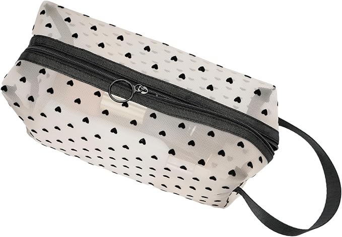 TOPASION Portable Mesh Makeup Bag with Zipper Small Travel Toiletry Bag Lightweight Cosmetic Pouch (Beige&Black Heart with Handle)