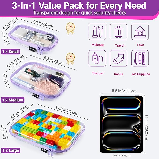YQBRAO Clear Hard Shell Organizer Case Set, 3-Pack, Purple