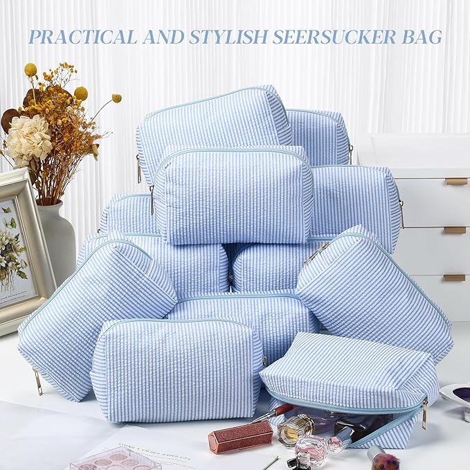 Sanwuta 12 Pcs Seersucker Cosmetic Bags Bulk Seersucker Makeup Bags Stripe Women Pouch Large Preppy Storage Pouch Toiletry Travel for Wedding Bridesmaid Bride Favor Back to Teacher Gift (Light Blue)