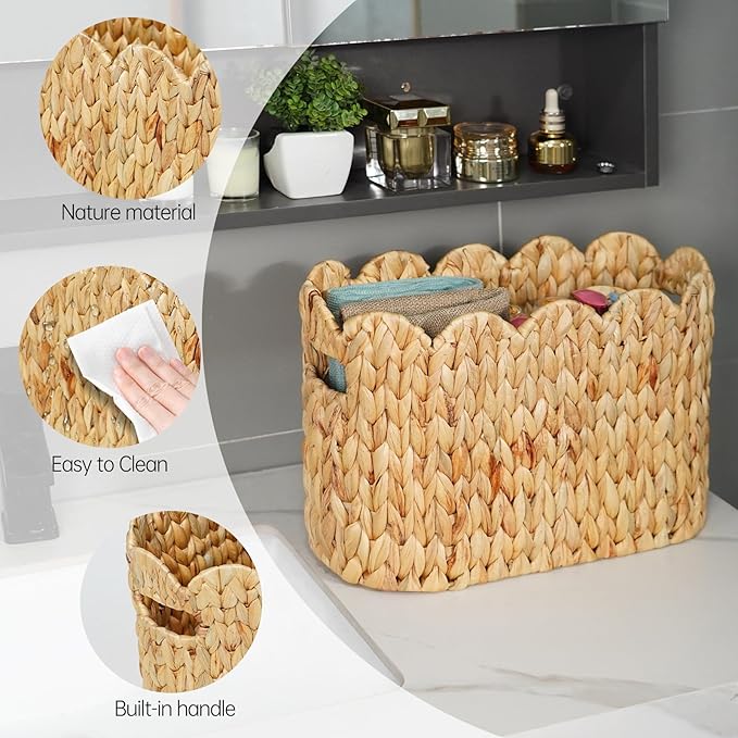 Coeusy Toilet Paper Storage Basket,Scalloped Wicker Basket for Bathroom Organizers and Storage,Hand-Woven Rattan Bathroom Decor Accessories,Natural Water Hyacinth