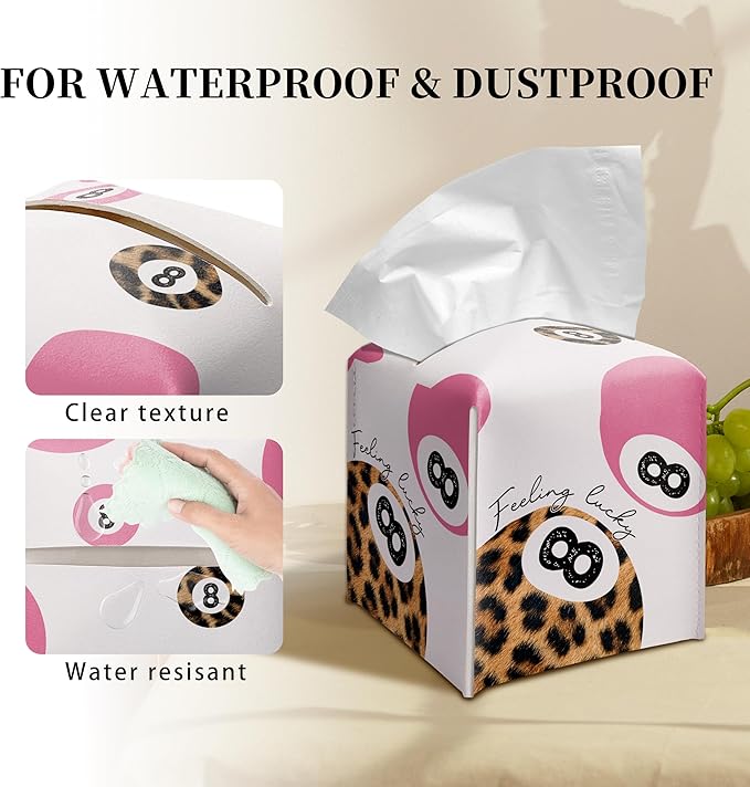 Grace Yonks Cute Tissue Box Cover Square - Leopard Print & Pink 8 Ball “Feeling Lucky” Design 5.2" PU Leather Holder for Vanity, Desk, or Bathroom Counter - Cube Case for Facial Tissues(014)