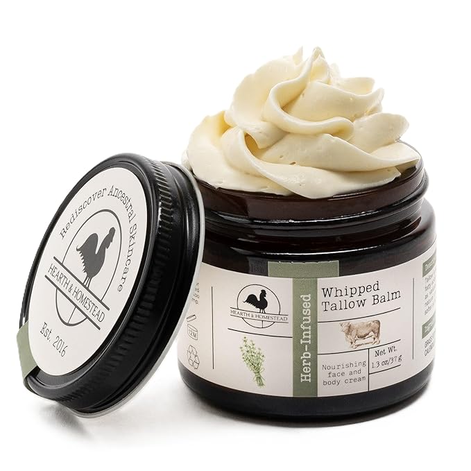 Hearth & Homestead Whipped Beef Tallow for Skin & Face - 100% Grass Fed, Eczema Cream & Body Butter - Organic Olive Oil, Calendula & Rose - Lotion & Hand Moisturizer for Dry Skin, Unscented, 1.3oz