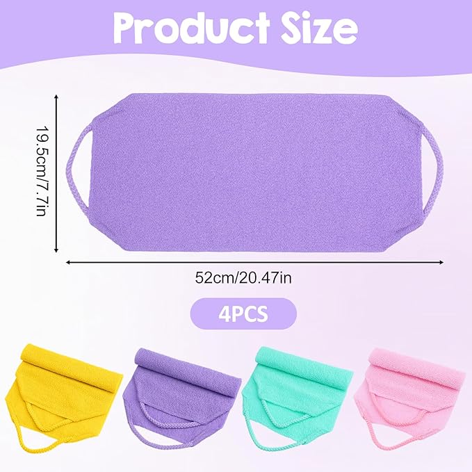GEEHUA 4PCS Exfoliating Back Scrubber with Handles, Double-Sided Nylon Exfoliating Washcloth Extended Length Exfoliator Stretchy Pull Strap Back Washer Body Exfoliatin Washcloth for Women Men