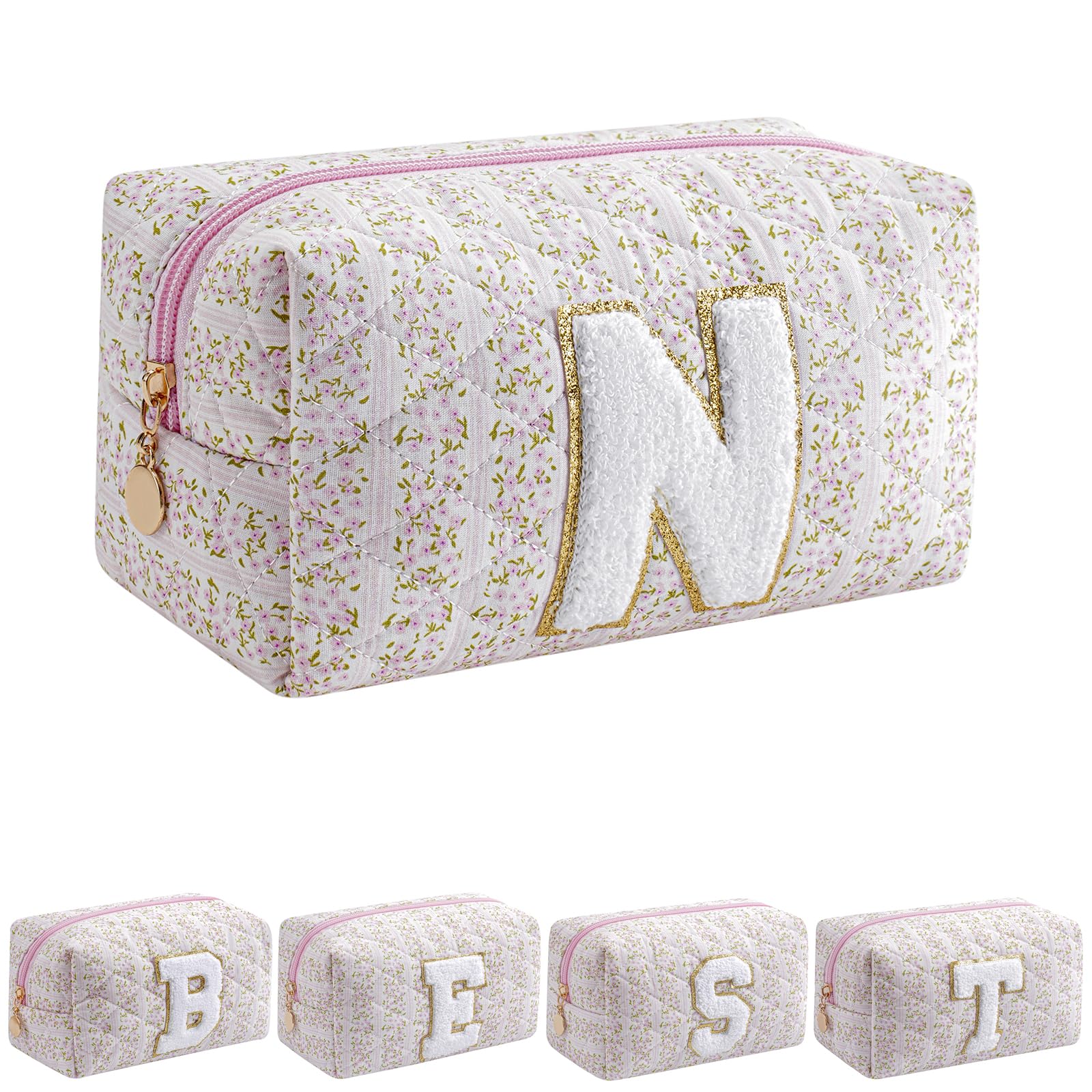 JOVAKIT Alphabet Makeup Bag Cosmetic Bag for Women, Christmas Gifts for Girls Age 6-18, Floral Flowers Coquette Travel Toiletry Zipper Make Up Pouch Organizer Trendy Stuff (Pink Floral N)