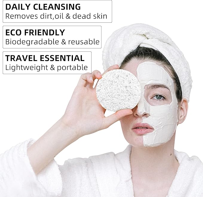 60-Count Compressed Facial Sponges|100% Natural Kickleen Cellulose Cosmetic Spa Sponges for Daily Facial Cleansing|Makeup and Mask Removal | Exfoliating | Skin Massage | Pore Exfoliation(White)