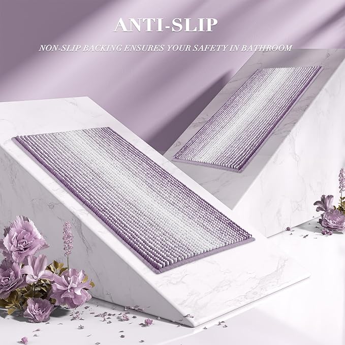 BSICPRO Bathroom Rugs and Mats Sets, 2 Piece Thick Absorbent Chenille Non Slip, Soft Shaggy Floor Mats, Machine Washable (Lavender Purple, 20" x 47" Plus 16" x 24")