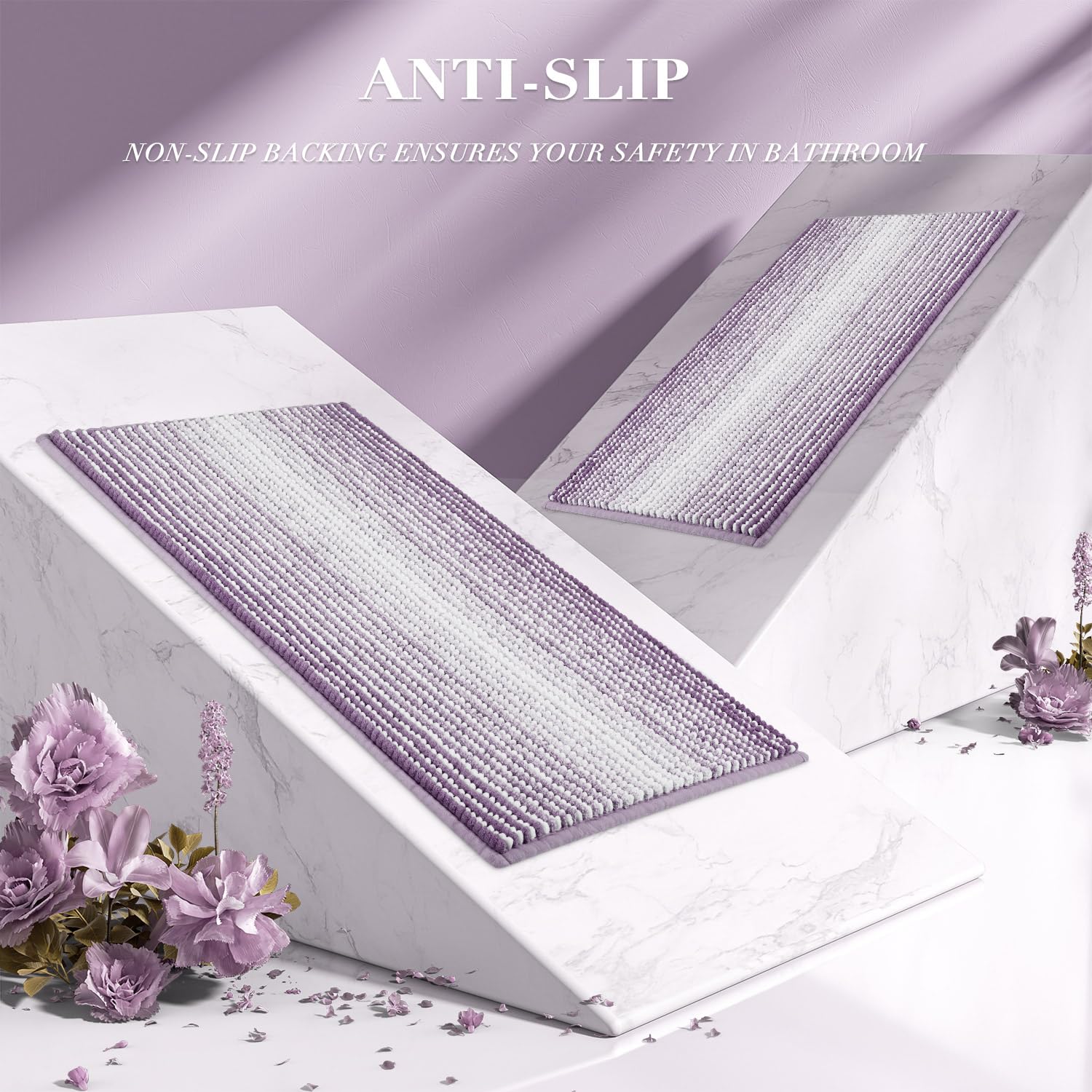 BSICPRO Bathroom Rugs and Mats Sets, 2 Piece Thick Absorbent Chenille Non Slip, Soft Shaggy Floor Mats, Machine Washable (Lavender Purple, 20" x 47" Plus 16" x 24")