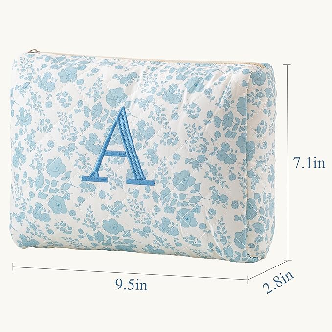HBselect Initial Quilted Makeup Bag, Cotton Large Travel Makeup Bag, Cute Floral Coquette Make up Bag Cosmetic Bag Toiletry Bag for Women Girls A