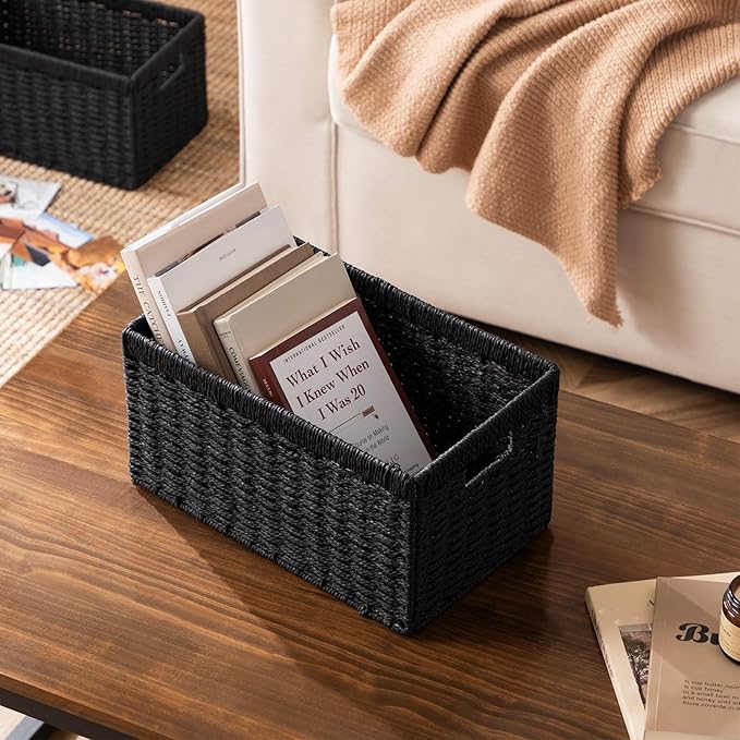 UBBCARE 4 Pack Wicker Basket, 13.4L×8.3H×7.1W inch Woven Paper Rope Storage Baskets for shelves, Foldable Rectangular Storage Baskets with Handle, Storage Basket for Organizing, Black