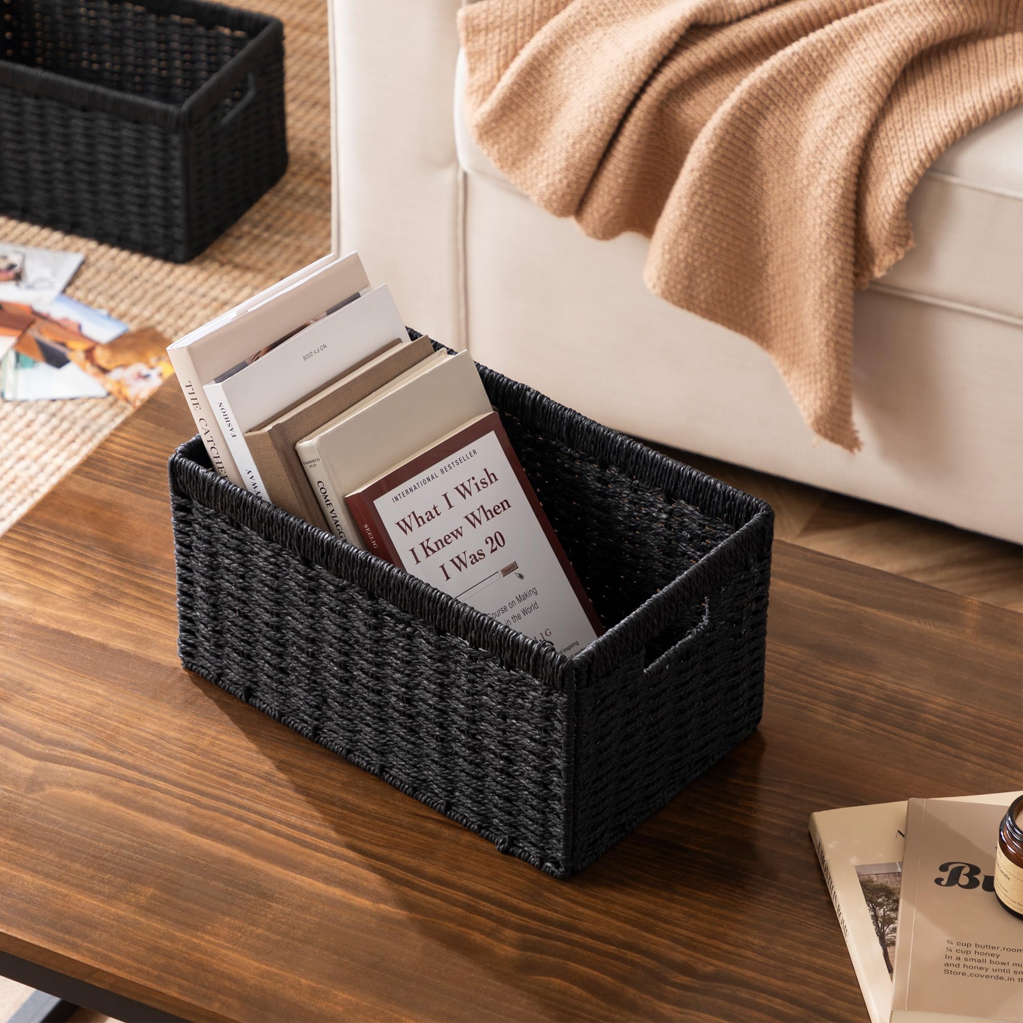 UBBCARE 2 Pack Wicker Basket, 13.4L×8.3H×7.1W inch Woven Paper Rope Storage Baskets for Shelves, Foldable Rectangular Storage Baskets with Handle, Storage Basket for Organizing, Black