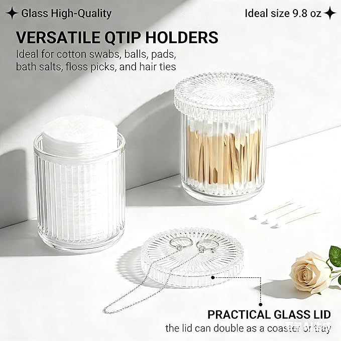 2 Pack Glass Qtip Holder Dispenser Set - Bathroom Organizer for Cotton Swabs, Balls, Pads, Floss Picks - Clear Apothecary Jars for Vanity, Makeup Storage, Bathroom Accessories Decor (Clear)
