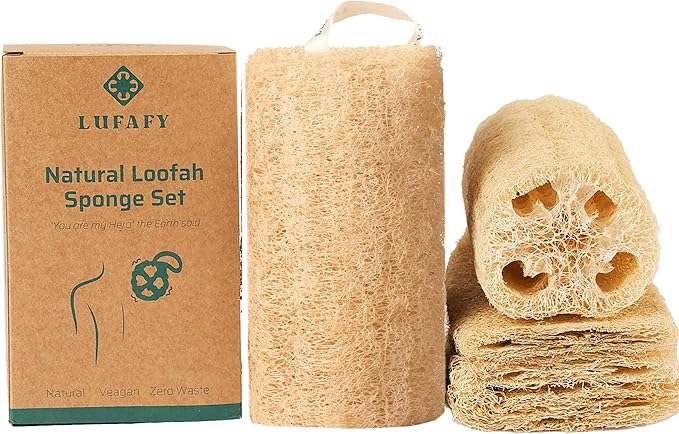 LUFAFY 5‑Pack (6") Natural Loofah Sponge, Exfoliating Body Scrubber for Shower, Luffa Sponge, Bath & Kitchen – Plant-Based