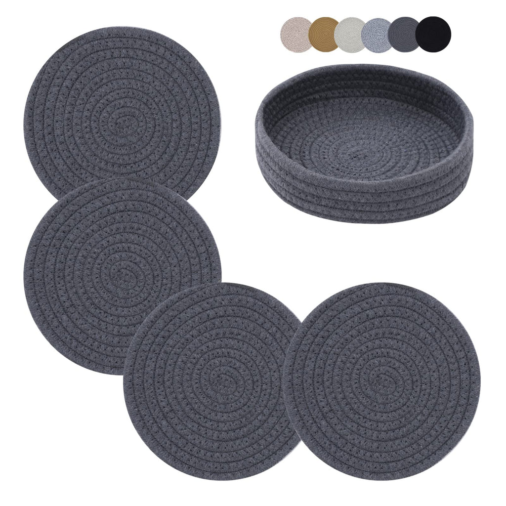 Coga Trivets for Hot Dishes, 4 Pack 7 Inch Cotton Hot Pads for Kitchen with Storage Basket, Round Pot Holders for Kitchen, Heat Resistant Mats for Countertop, Pots and Pans, Farmhouse Decor, Grey