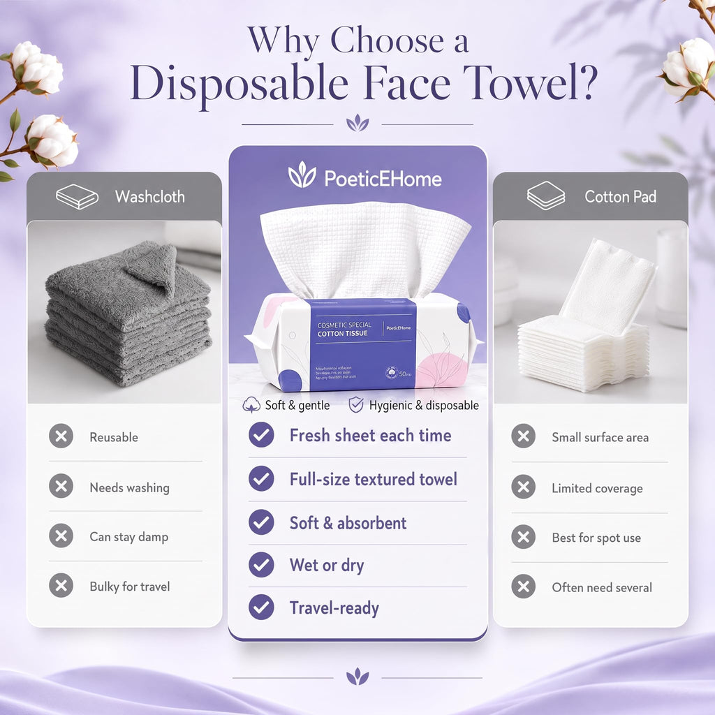 PoeticEHome Disposable Face Towel | Thick & Absorbent | Clean Face Tissue Biodegradable | Cotton Dry Wipes for Facial Cleansing & Makeup Removing