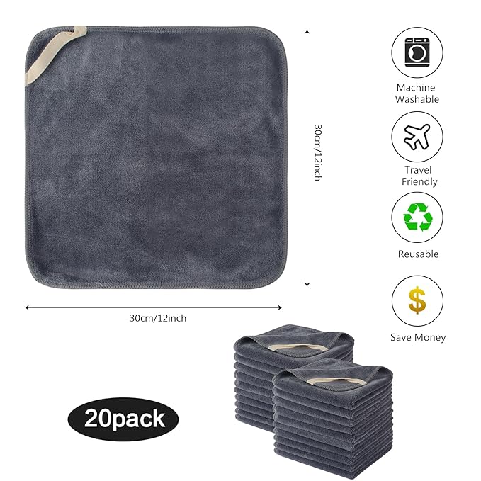 Microfiber Facial Cloths Fast Drying Washcloth 12inch x 12inch Grey 20 pack