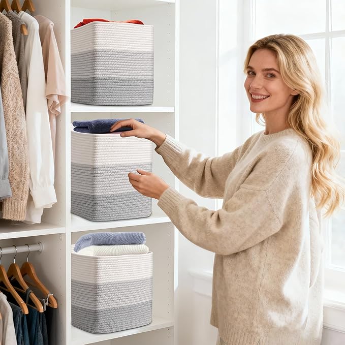 3 Pack Cube Storage Bin, 17”x12”x12” Cotton Rope Woven Baskets for Organizing Toys Clothes Towels, Square Gift Storage Baskets for Shelf, Nursery, Closet, Bathroom, Pantry (3-Tone Gray)