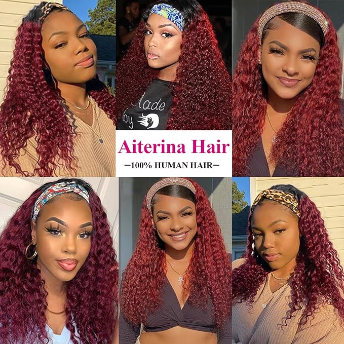 Aiterina Headband Wig deep wave human hair wigs for Black Women Brazilian Remy Hair Glueless Non Lace Front Wig 150% Density (8 inch, 1B/99J)