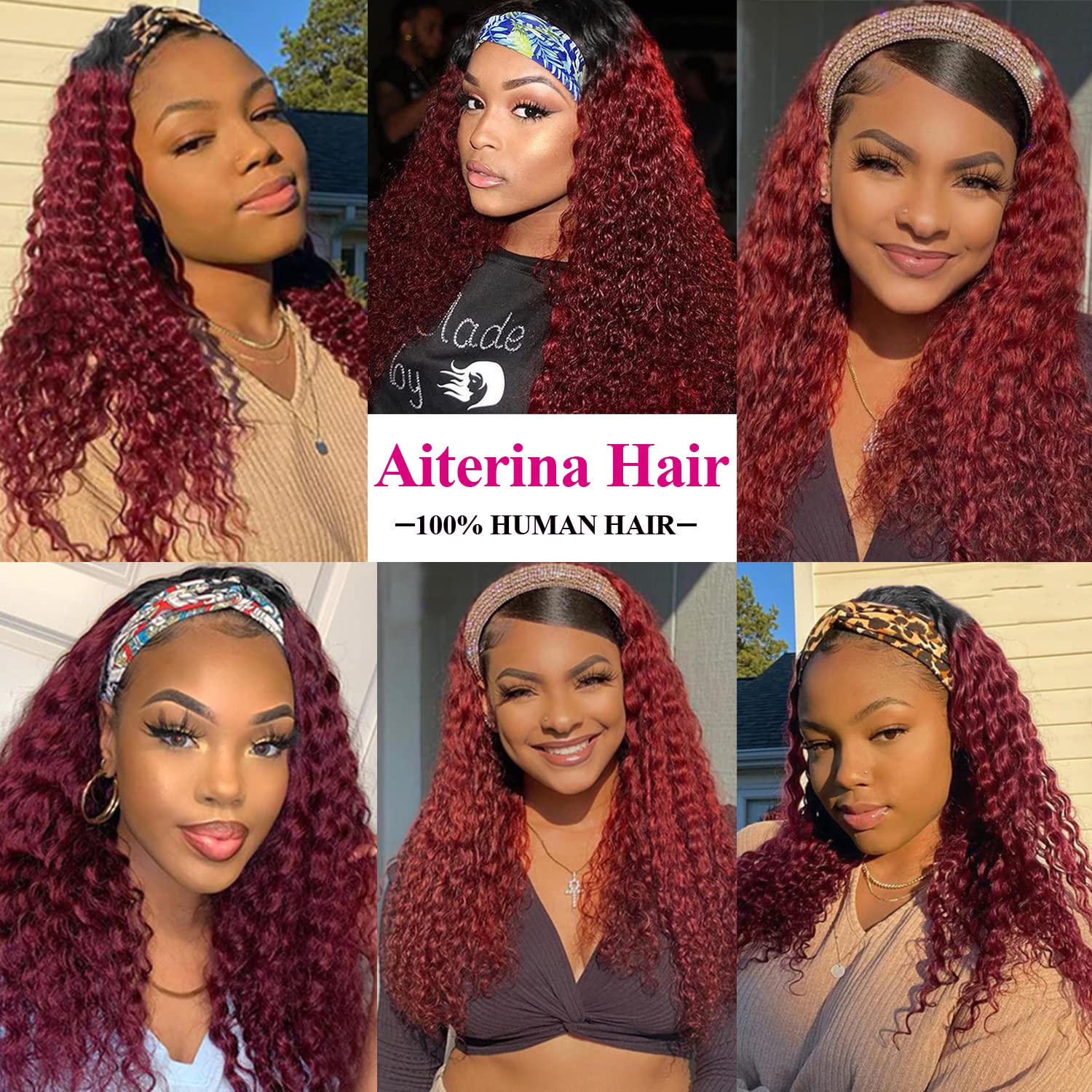 Aiterina Headband Wig deep wave human hair wigs for Black Women Brazilian Remy Hair Glueless Non Lace Front Wig 150% Density (20 inch, 1B/99J)