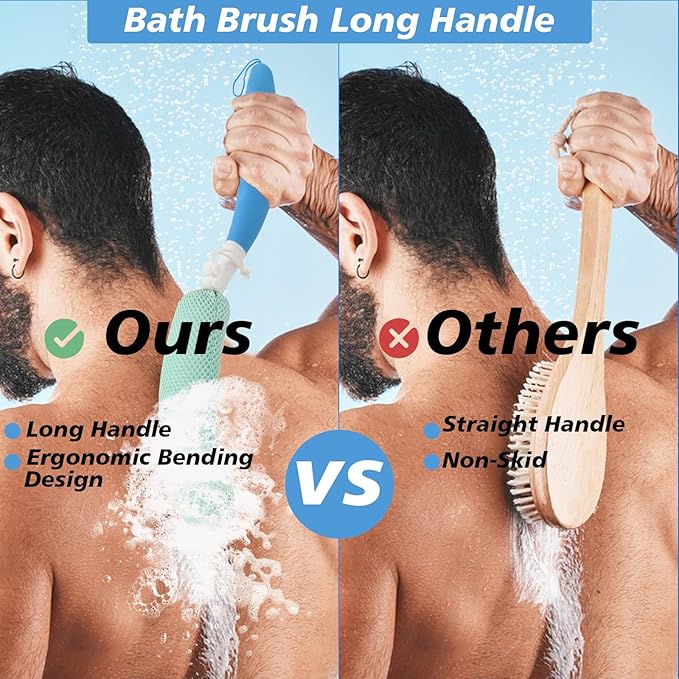 KkaFFeKkaFFe Shower Back Brush With Long Handle, 15.35" Body Brush, Back Scrubber for Men Women, Handled Sponge Body Exfoliator, Loofah Scrubber for Aid Bathing