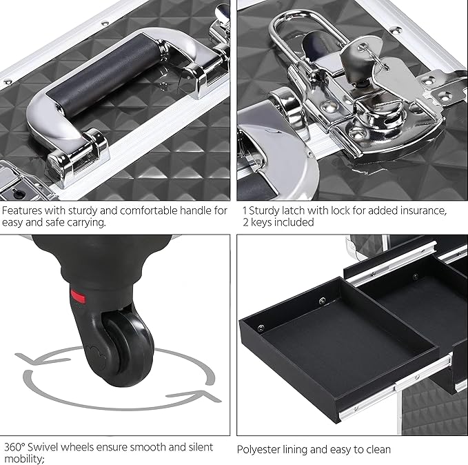 Yaheetech Rolling Makeup Train Case with a Drawer Nail Trolley Black/Silver