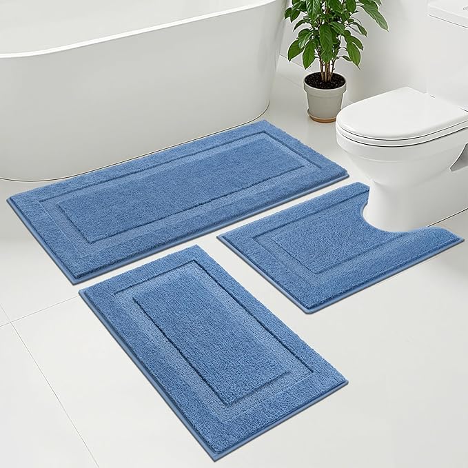 SHACOS Blue Bathroom Rugs Sets 3 Piece Bath Mat U Shaped Toilet Rug