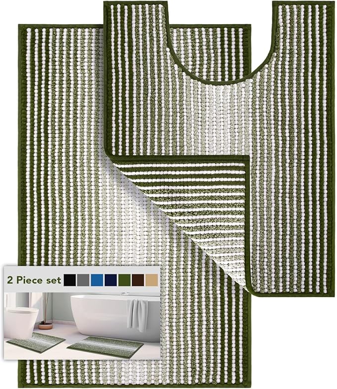 Bathroom Rugs Sets 2 Piece, Toilet Rugs U-Shaped, Contour Bath Mat Set for Toilet Bathroom, Soft Absorbent Chenille Bath Carpet, Quickly Dry, Washable (Sage, 32" x 20" + 24" x 20")