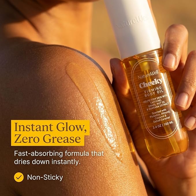 NATURE WELL Cheeky Firming Body Oil, Luxuriously Glowy & Fast-Absorbing Formula Designed to Nourish, Firm, & Visibly Smooth Skin, Scented with Pistachio, Almond, Coconut, & Salted Caramel, 3.4 Oz