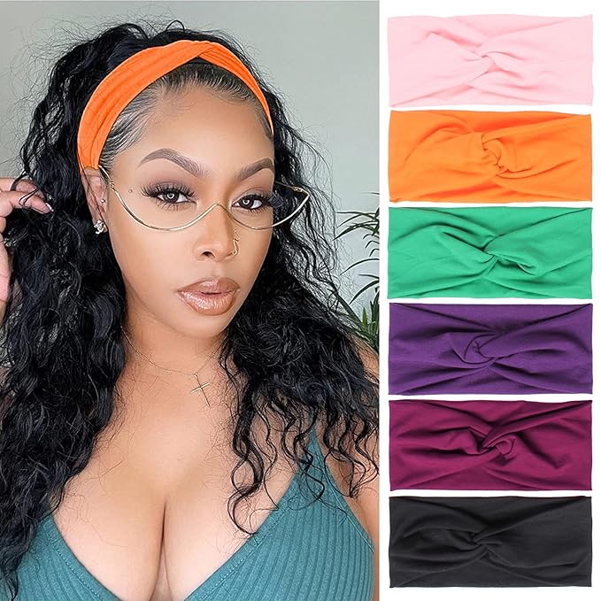 XTREND 6 Pcs Women's Headbands Twisted Cross Elastic Head Bands Yoga Workout Headband Non-Slip Sweat Soft Headbands Solid Color Simple Versatile Hair Accessory Hairbands