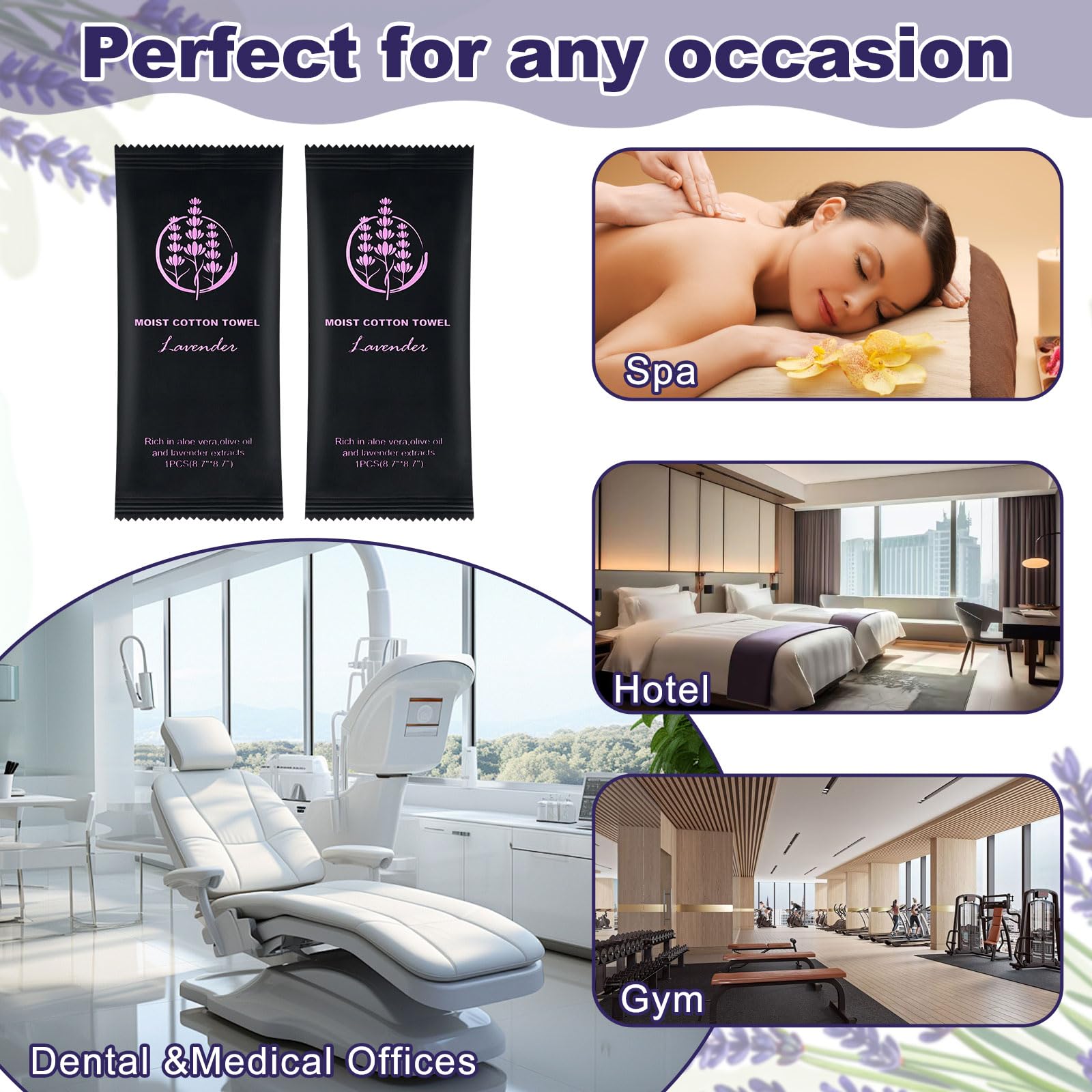Moist Cotton Towel Bulk Moist Towelettes Individually Wrapped,White Towel Services,Refreshment Pre Moistened Towels for Dentist Travel Sport Party Hotel （Lavender,200)