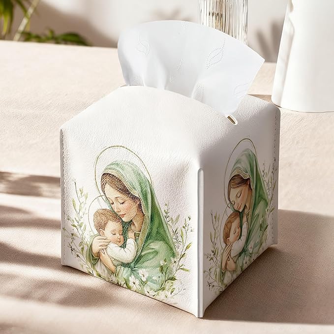 Holy Infant & Virgin Mary Square Tissue Box Cover, PU Leather Drawstring Bottom, for Office, Bathroom, Home Prayer Room, Christian & Catholic Friends, Colleagues, Employees | Decorative Organizer
