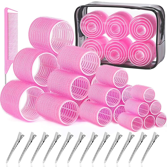 IKOCO Hair Rollers Set, 4 Sizes with 12 Clips and Comb - Self Grip Curlers for Long/Short Hair, Thermal Safe Rollers for Salon-Worthy Styling Pink