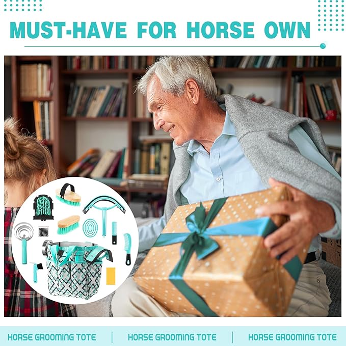 Abbylike 12 Pieces Horse Grooming Kit with Organizer Tote Bag Tack Room Supplies Horse Brush Sets Equine Care Cleaning Kit Shedding Grooming Massaging Tools (Mint Green and Grey)