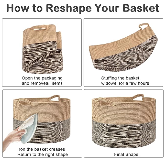 65L Large Blanket Basket,19.7" L x 19.7" W x 13" H Rope Woven Baskets with Handles, Toys Storage Bins,Laundry Basket Perfect for Living Room, Nursery,Bedroom,Home Organization,White&Blue